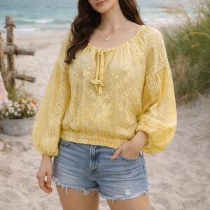 Free People Maria Maria Yellow Lace Boho Embroidered Peasant Blouse Top XS